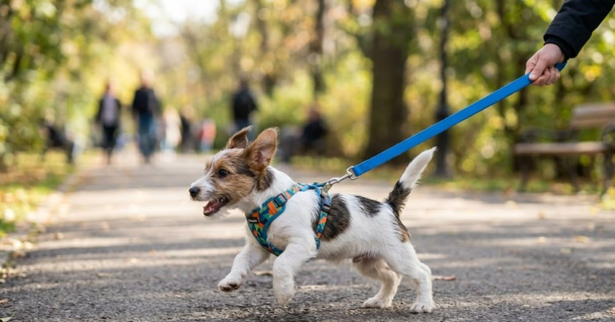 Cão pequeno de pelagem branca e marrom puxando a guia azul com força durante um passeio em um parque, ilustrando comportamento de frustração em cães